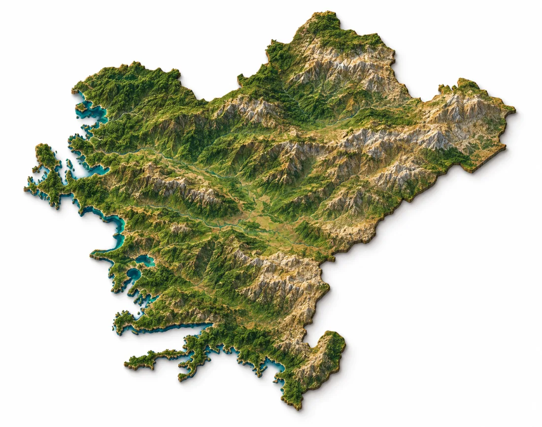 Ege Bölgesi’nin yeşil vadiler ve taş tonlarında yükseltilerle temsili üç boyutlu topografik görünümü