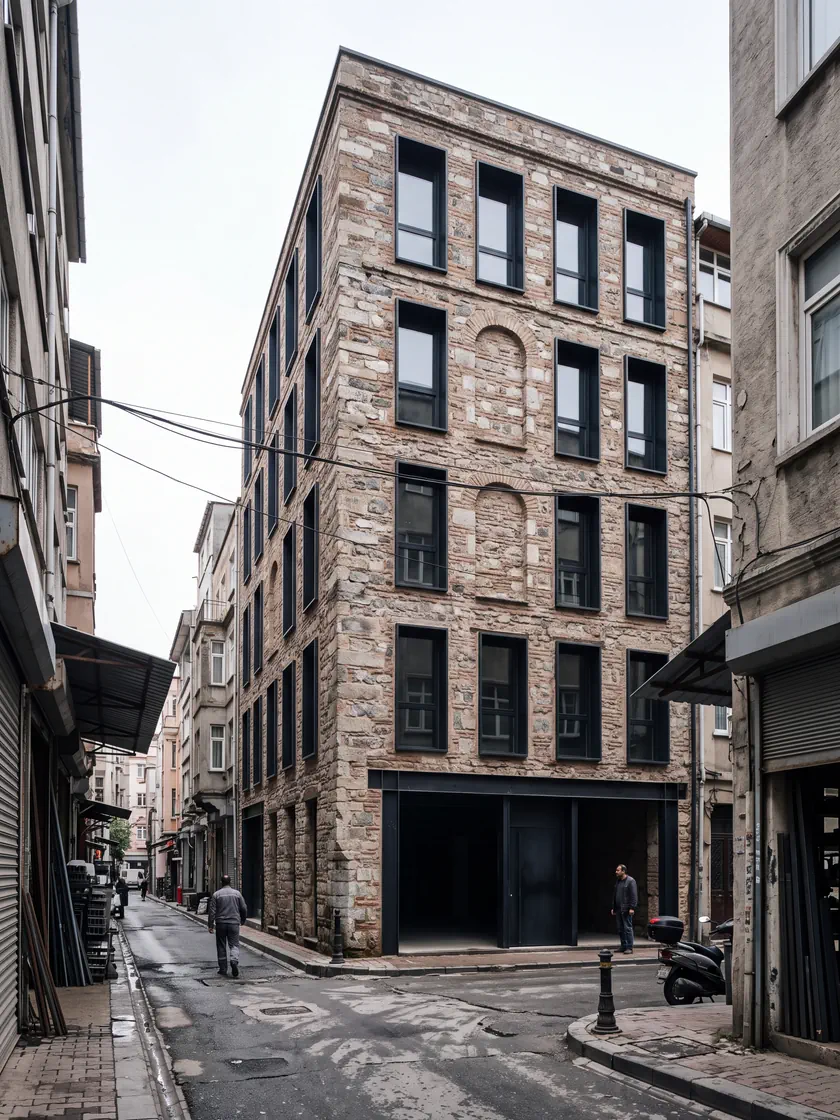 Karaköy Deposu: hırdavat mahallesindeki dar bir sokakta beş katlı yığma bir kabuk; zemin katı kaldırıma açılıyor.